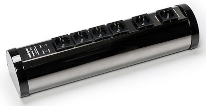 Audioquest Niagara 1000 sort, set forfra, 8 stikkontakter, afbryder, rektangulært metallegeme