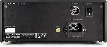 Alimentação separada Gold Note PSU-10 com acabamento dourado, vista frontal, com conectores e interruptor na frente