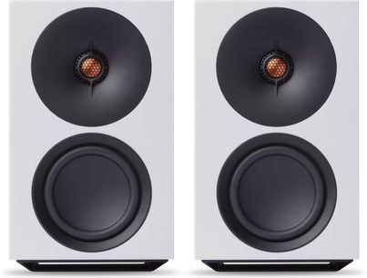 Witte Cambridge Audio L/R M slimme luidsprekers, compact paar met ronde zwarte woofers en centraal koperen tweeter