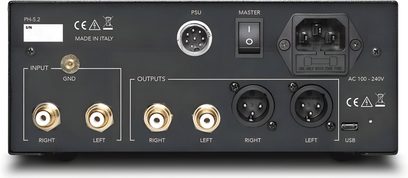 Phono-Vorverstärker Gold Note PH-5.2 Rückseite, symmetrische RCA- und XLR-Anschlüsse, GND-Klemme, USB und Netzschalter
