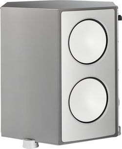 Caisson Paradigm Persona SUB i grå metalfarve i et rektangulært, lakeret metalkabinet, set fra venstre forfra i trekvart vinkel, to indbyggede hvide, runde basenheder på sidepanelet og en diskret cylindrisk fod i bunden