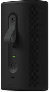 Black portable Bluetooth speaker, rear view, built-in handle, Bluetooth, mic, and power buttons