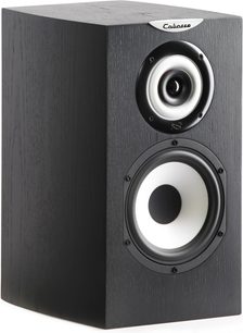 Altavoz de estantería Cabasse Minorca MC40 ébano, vista de tres cuartos, frente con dos altavoces circulares