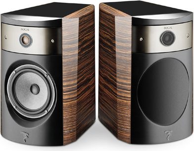 Focal Electra 1007 S bogreolshøjttalere set forfra, træfinish, sølvfarvede mellem- og diskanthøjttalere