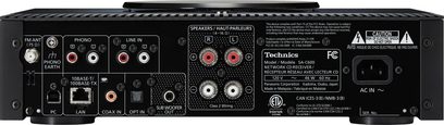 Czarny system hi-fi Technics SA-C600EG-K, widok z tyłu pokazujący złącza i wbudowane głośniki