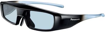Gafas 3D Panasonic TY-EW3D3ME recargables, vista de perfil, montura negra brillante, lentes tintadas azules, patillas finas y curvadas