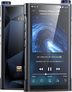 FiiO M15S sort audiophile-afspiller med mat aluminiumschassis, set fra trekvart for- og bagside, med touchskærm på fronten, rillet volumenkontrol øverst til højre og tre justerede sideknapper