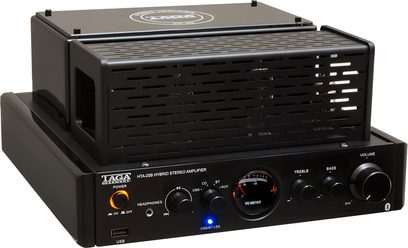 Stereofonní lampový zesilovač Taga Harmony HTA-25B černý, přední panel s centrálním vumetrem, otočnými ovladači a ochrannou mřížkou