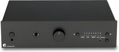 Amplificador integrado estéreo Pro-Ject Uni Box S3 preto, vista frontal com grande botão central e painel frontal minimalista preto