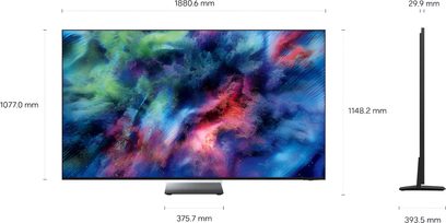 Sort Samsung TMR85R95H fladskærms-tv, set forfra og i profil, tynde kanter med farverigt abstrakt billede