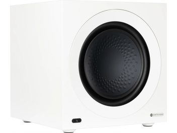 Monitor Audion Anthra W12 -subwoofer, valkoinen satiinipinta, sylinterinmuotoinen, musta keskikaiutin edessä