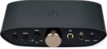 iFi Audio Zen Air Can hovedtelefonforstærker, mat sort ovalt kabinet, forside med justeringer og tilslutninger