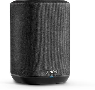 Brezžični zvočnik Denon Home 150 črne barve, kompaktno ohišje v črni tkanini, plastično podnožje z logotipom Denon in modrim indikatorjem