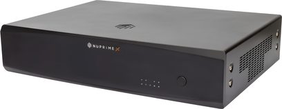 Multikanálový výkonový zesilovač Nuprime MCX-800MZ černý, přední panel s logem, tlačítky a konektory, pohled zepředu
