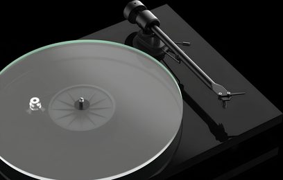 Pro-Ject T1 EVO BT hi-fi turntable with translucent glass platter, black tonearm, and glossy black base