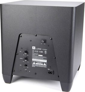 Soundbar JBL SB 400 neagră, vedere din spate, conexiuni și etichetă cu specificații tehnice