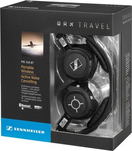 Sennheiser PXC-310 BT sort hi-fi hovedtelefoner, set forfra i gennemsigtig emballage, med sort æske i baggrunden