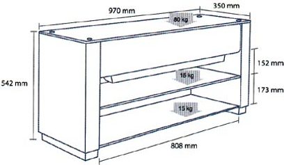 Teknisk diagram med dimensioner for et Yamaha YEF-ST020 TV-møbel med 3 hylder i lyst træ, 970 mm bredt og 542 mm højt