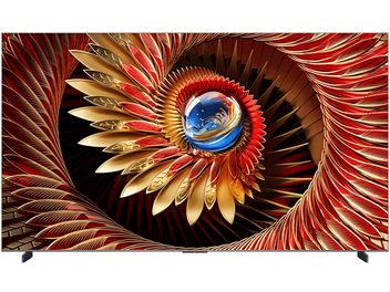 TCL 98C8K sort højopløsnings-tv med ultratynd metalramme, set forfra, stor 98-tommers skærm stående på to hjørnefødder