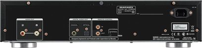Reproductor de CD Marantz CD6005 negro, vista trasera, conectividad de audio analógica y digital, control remoto, fabricado bajo la supervisión de Marantz