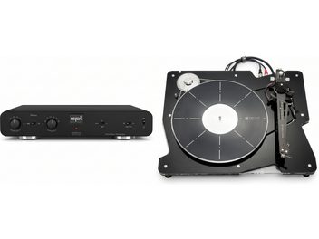 Sort Vertere-pladespiller med tonearm til højre, ledsaget af en sort SPL Phonos-phono-forforstærker