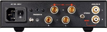 Nuprime STA-6 sort effektforstærker, bagside, analoge og digitale lydstik, afbryder, strømstik