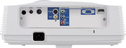 Mitsubishi HC3200 hvid videoprojektor, set forfra, video- og audiostik på bagsiden, tænd/sluk-knap