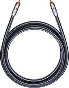 Oehlbach Sub Xtreme subwoofer kabel, 8,80 m, antracitno siv z najlonskim pletenim ovojem, srebrni kovinski RCA priključki in pozlačeni kontakti, natisnjen logotip in dekorativni vijak, pogled od spredaj