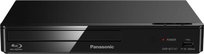 Blu-ray přehrávač Panasonic DMP-BDT167 černý, pohled zepředu s USB portem na přední straně