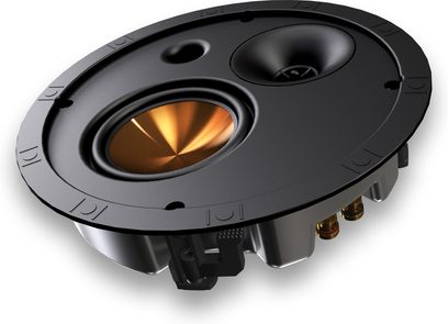 Schwarzer Klipsch SLM-5400-C Decken-Einbaulautsprecher, kupferfarbene Membran und sichtbarer Hochtöner in Schrägansicht