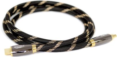 HDMI-kabel Optimal 1,5 m HCS sort og guldfarvet flettet, guldbelagte stik, nærbillede på hvid baggrund