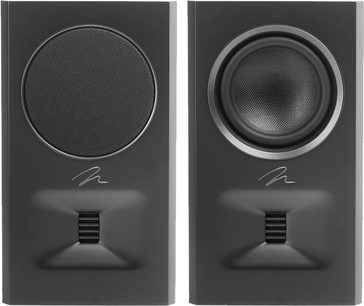 Zadní reproduktor MartinLogan Motion MP10 v černém laku s dvěma obdélníkovými jednotkami, z nichž jedna má kruhovou mřížku a druhá je bez mřížky.