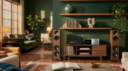 Hi-fi floor-standing speakers in walnut finish with turntable and amplifier on a wooden TV unit in a green living room