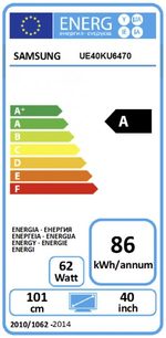 Energetický štítek televizoru Samsung UE40KU6470 uvádějící energetickou třídu A a spotřebu 86 kWh/rok