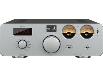 Preamplificator stereo argintiu cu ecran digital roșu, buton rotativ, 2 vumetre circulare și comutator basculant