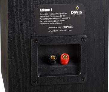 Højttalerbibliotek Davis Acoustics Ariane 1, bagside, sort kabinet med træeffekt, etiket og rød/sort klemmeblok
