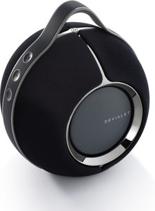 Devialet Mania black speaker, front view, spherical shape, black grille, silver logo, silver base