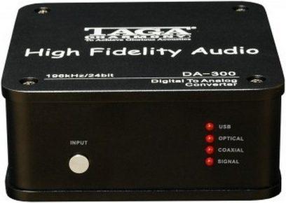 Taga Harmony DA-300 V.2 sort audio DAC-konverter, frontvisning, 4 LED'er, USB optisk koaksial indgangssignal, knap