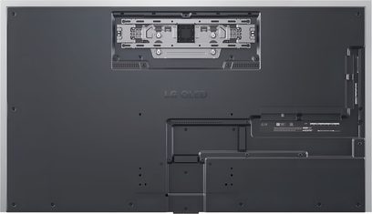 LG LGOLED48G5 2025 matimusta metallist ja plastist kõrglahutusega teleri tagakülg, täielik tagantvaade, keskelt hõbedane seinakinnitusplaat, reljeefne LG OLED logo ning HDMI ühenduspesad paremal küljel