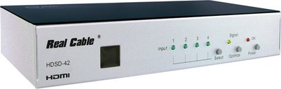 HDMI-switch og -splitter Real Cable HDSD-42 i metalgrå, 4 HDMI-indgange, 2 HDMI-udgange, 1 optisk indgang, 1 koaksial indgang