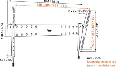 Teknisk diagram med dimensioner for en vippebar og drejelig Vogel's BASE 15 L vægbeslag til TV, inklusiv beslag