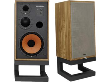 Bogreolhøjttaler Taga Harmony Nostalgic TH-12 eg, set forfra og fra siden, stofgitter, sort sokkel, 3 højttalere