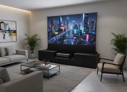 Living room, large projection screen, low black cabinet with projector, gray fabric sofas, glass and metal coffee table, front view