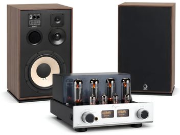 Coppia di diffusori vintage in legno con amplificatore a valvole nero e argento vista frontale