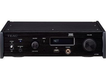 TEAC NT-505 sort netværksaudioafspiller, set forfra, sort front med LCD-skærm, knapper og stik