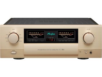 Integroitu stereo hi-fi -vahvistin E-380, etunäkymä, kultainen viimeistely, 2 suurta pyöreää painiketta, keskellä näyttö, jossa on merkkivalot