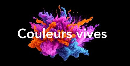Multicolored smoke explosion with shades of purple, orange, blue on a black background, text "Vibrant Colors" in white