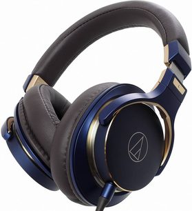 Audio-Technica ATH-MSR7SE hovedtelefoner i blå og bronze, set fra tre kvarter, læder ørepuder, polstret hovedbøjle, højglansfinish