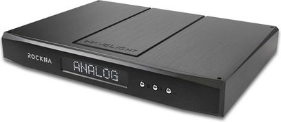 ROCKNA Wavelight PRE/DAC stereoforstærker, sort, frontvisning, rektangulært sort kabinet, lysende "ANALOG"-display