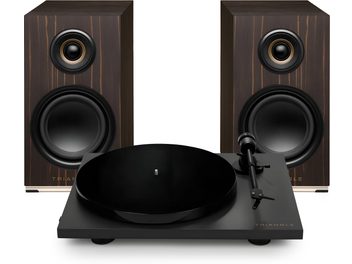 Giradischi Triangle nero con due diffusori compatti marrone scuro con finitura venata e altoparlanti neri